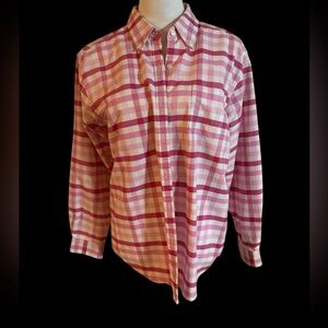 Cabin Creek Pink and White Plaid Button-Up Shirt Wrinkle Free and Stain Release